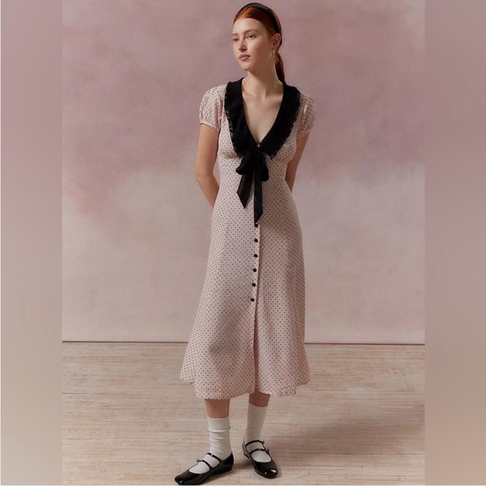 Kimchi Blue Blush Pink Polka Dot Midi Dress with Black Collar - Picture 4 of 7